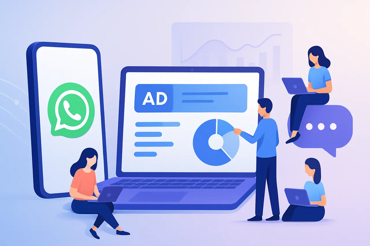 WhatsApp reklam kampanyası kurulumunu gösteren modern bir dijital pazarlama ofisi.