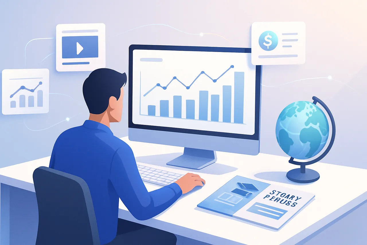 Dijital reklam verilerini inceleyen bir uzmanın masaüstünde dünya küresi ve eğitim broşürleriyle çalıştığı modern ofis.