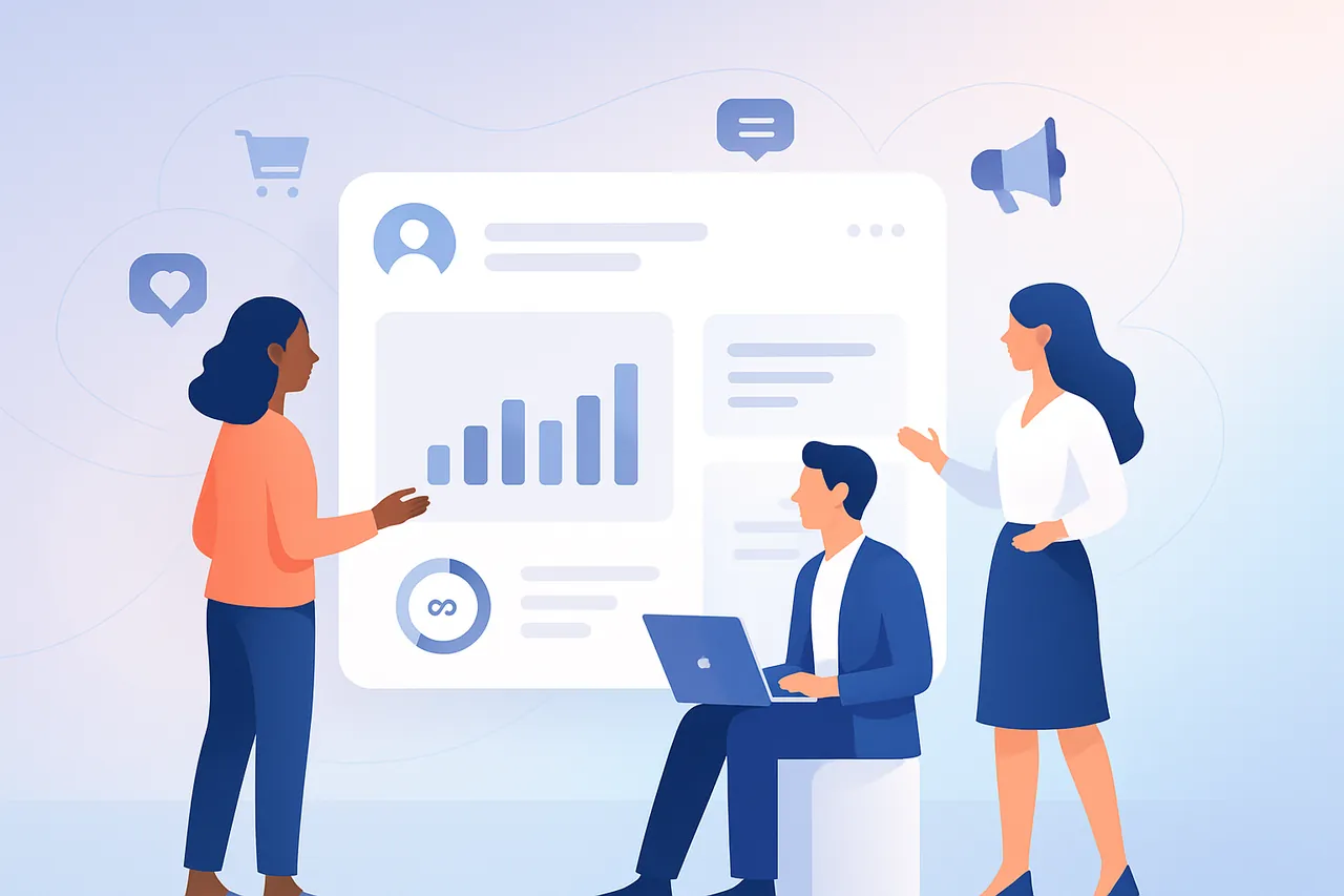 Facebook grubu üzerinden satış ve reklam stratejisi geliştiren bir topluluğu gösteren modern bir görsel.