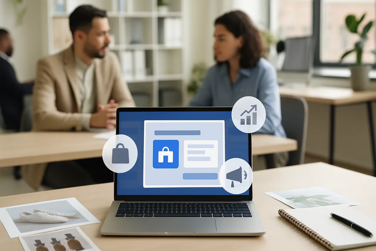 Facebook mağaza kurulumunu gösteren modern bir ofis ortamı ve bilgisayar ekranı.