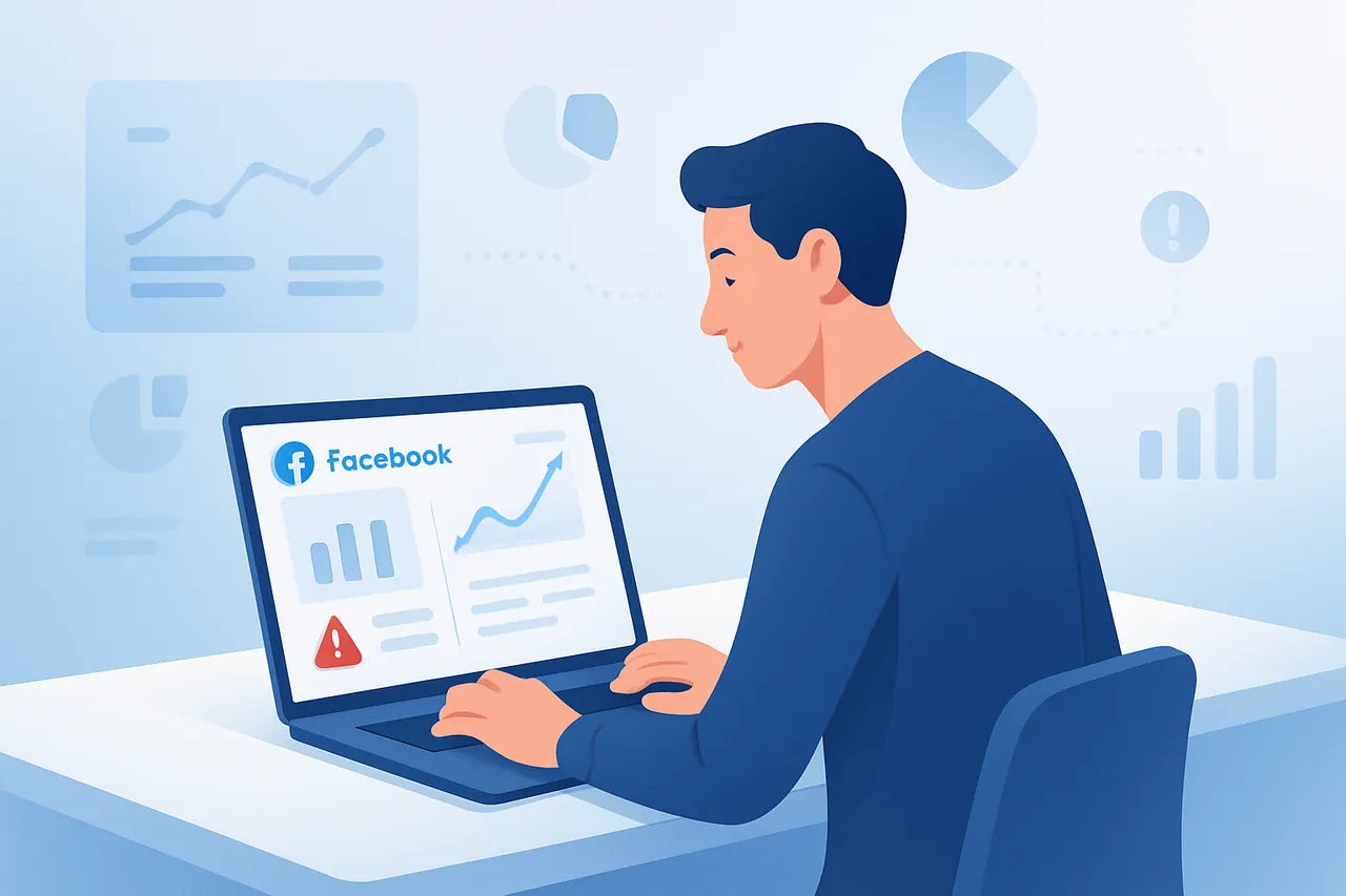 Bir ofiste Facebook reklam hesabını inceleyen kişinin bilgisayar ekranında uyarı simgeleri ve dijital pazarlama unsurları görülüyor.