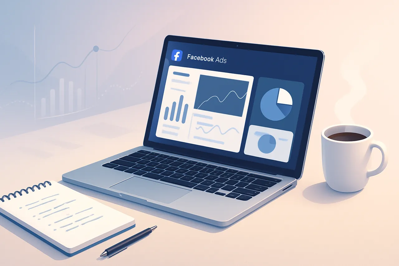 Facebook reklam metni yazımı için masaüstünde laptop, not defteri ve kahve fincanı bulunan modern bir çalışma ortamı.