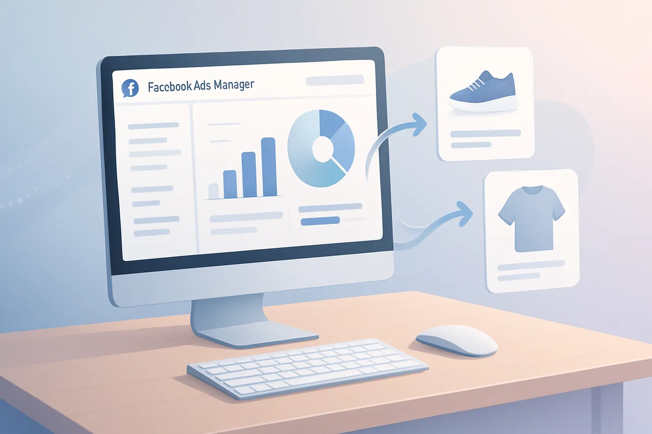 Facebook reklam yöneticisinde remarketing kampanyası kurulumunu ve e-ticaret ürünlerini gösteren modern bir masaüstü.