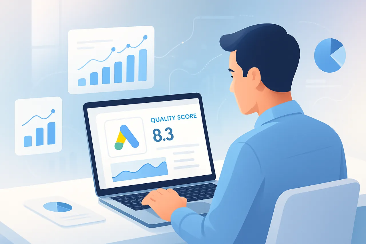 Google Ads kalite puanını analiz eden bir dijital pazarlamacı ve grafikler