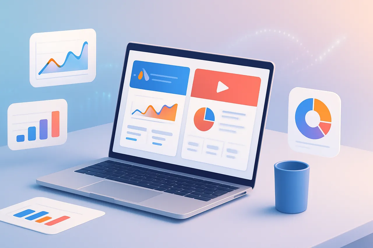 Google Ads ve YouTube reklam yönetim paneli açık olan modern bir ofis ortamı.