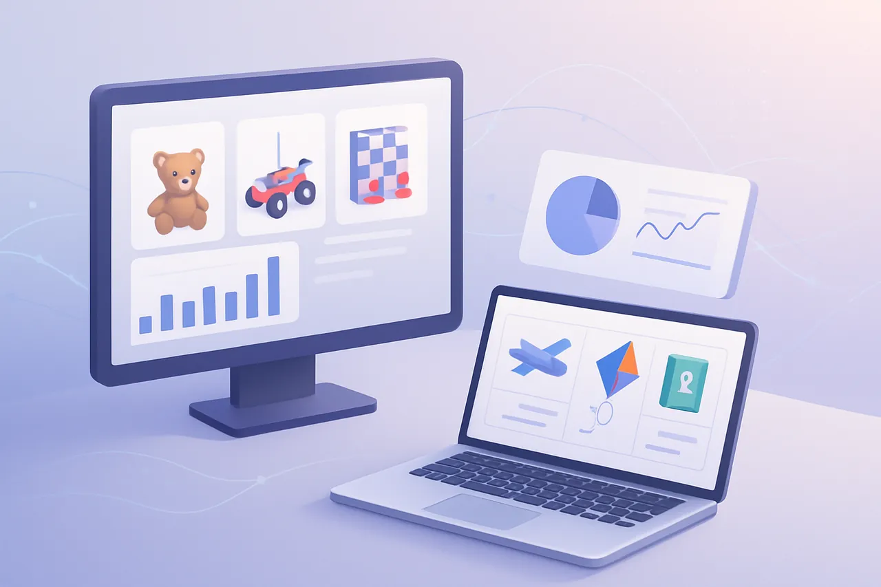 Dijital reklam yönetimi yapılan, oyuncak ve oyun ürünlerinin sergilendiği modern bir ofis ortamı.