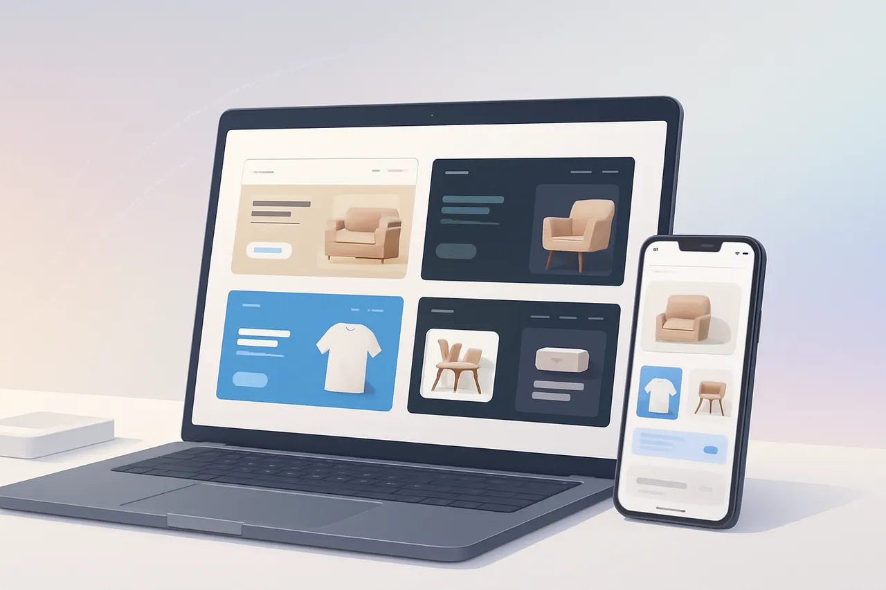 Bir dizüstü bilgisayar ve akıllı telefonda çeşitli IdeaSoft tema önizlemeleri gösteren modern bir e-ticaret arayüzü.