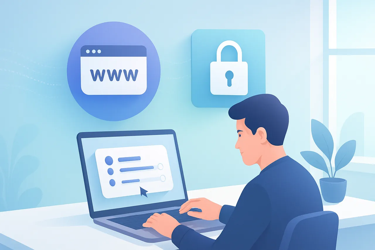 DNS ayarları yapan bir kişinin modern ofiste bilgisayar başında çalıştığını gösteren güven veren bir illüstrasyon.