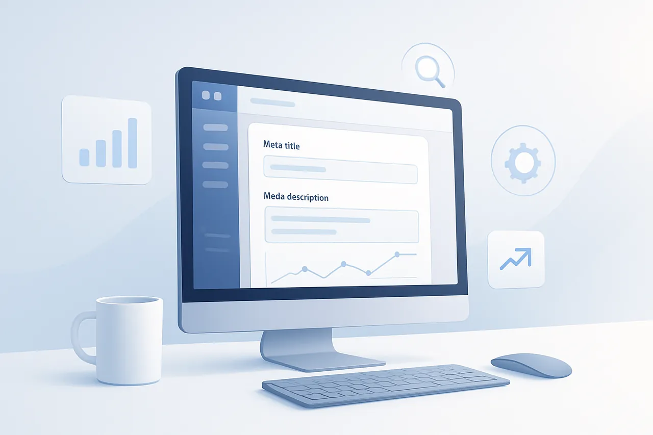 Bir bilgisayar ekranında ikas e-ticaret panelinde meta başlık ve açıklama alanları düzenlenirken gösteren modern bir ofis görseli.