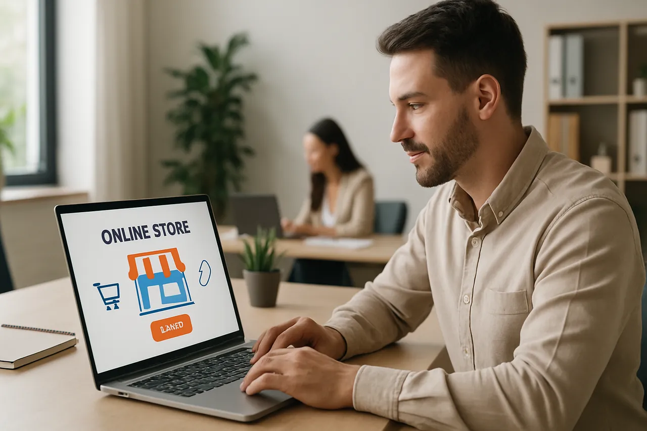 Bir girişimcinin dizüstü bilgisayardan online mağaza açılışını gösteren modern ve güven veren bir görsel.