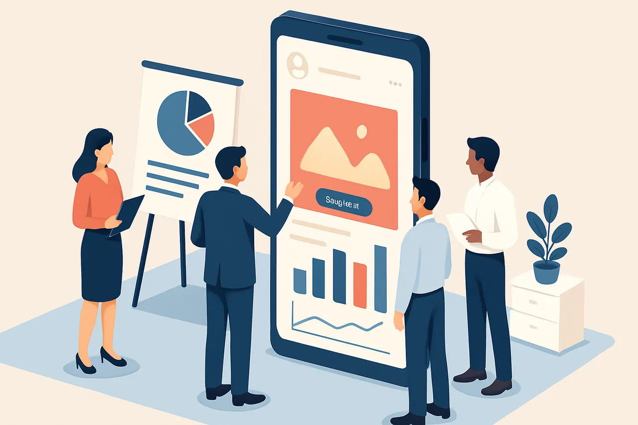 Instagram hikaye reklam performansını analiz eden bir ekip ve büyük bir akıllı telefon ekranı