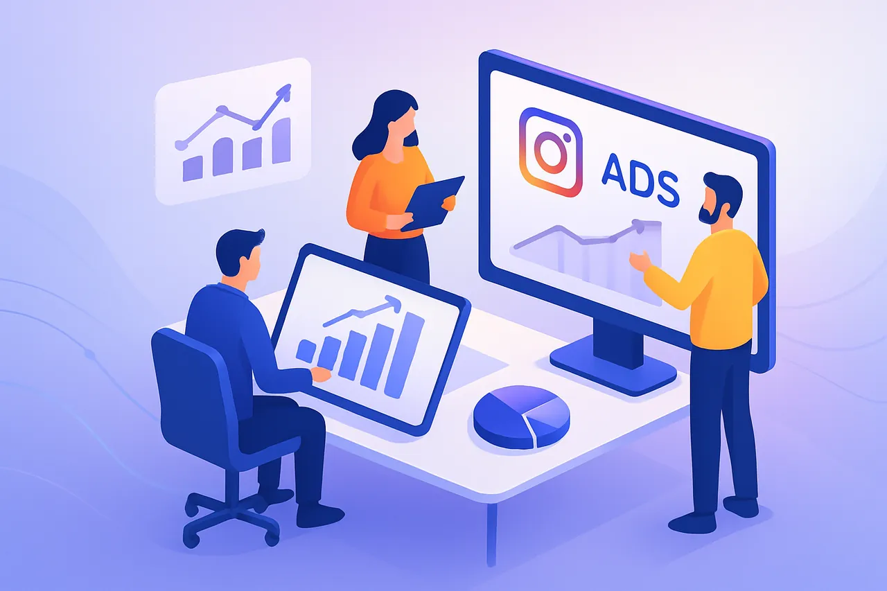 Instagram reklam performansını analiz eden bir iş ekibinin modern ofis ortamında çalışmasını gösteren illüstrasyon.