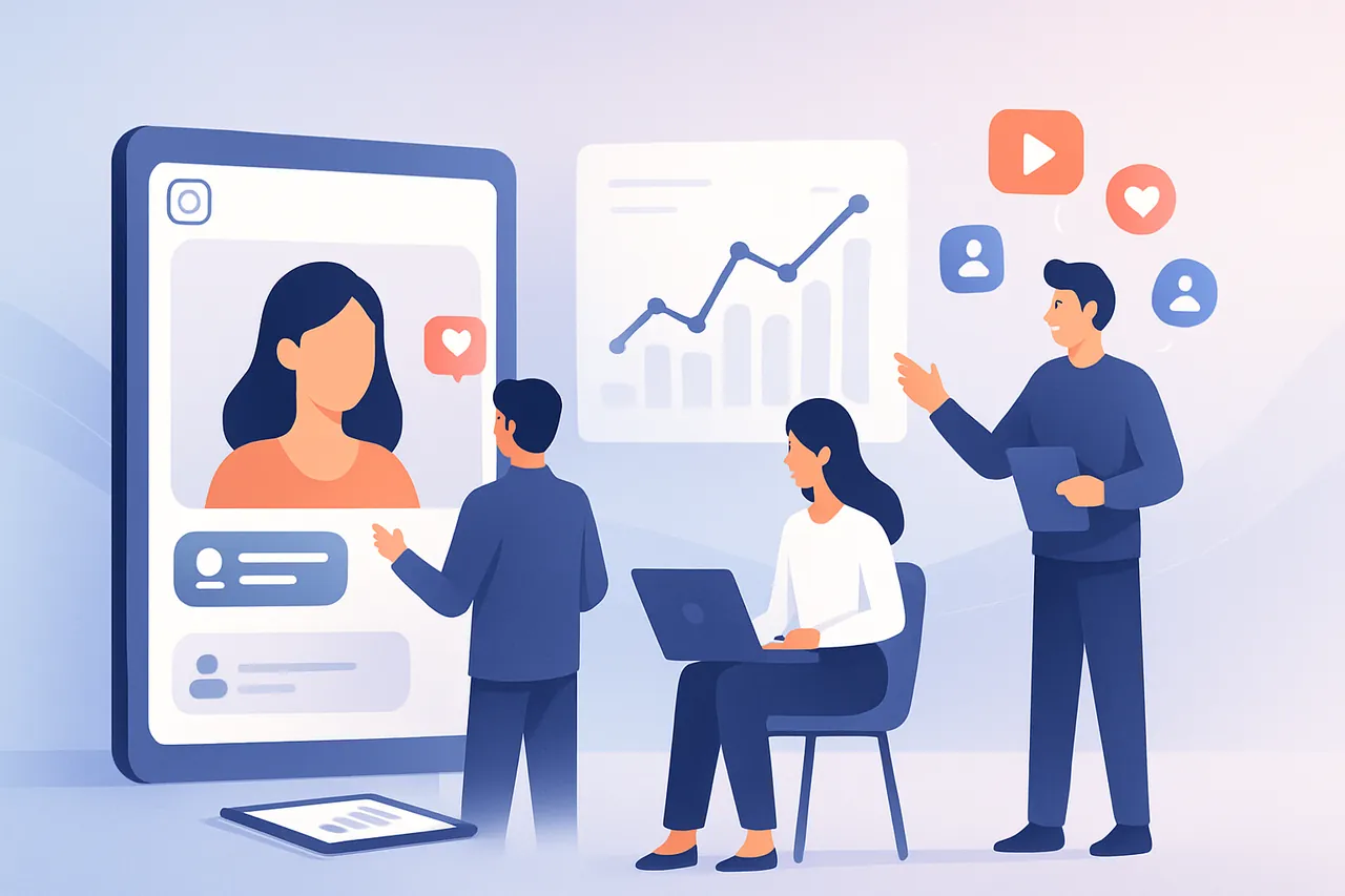 Instagram influencer işbirliği planlayan profesyonel bir ekip ve dijital pazarlama ortamı.