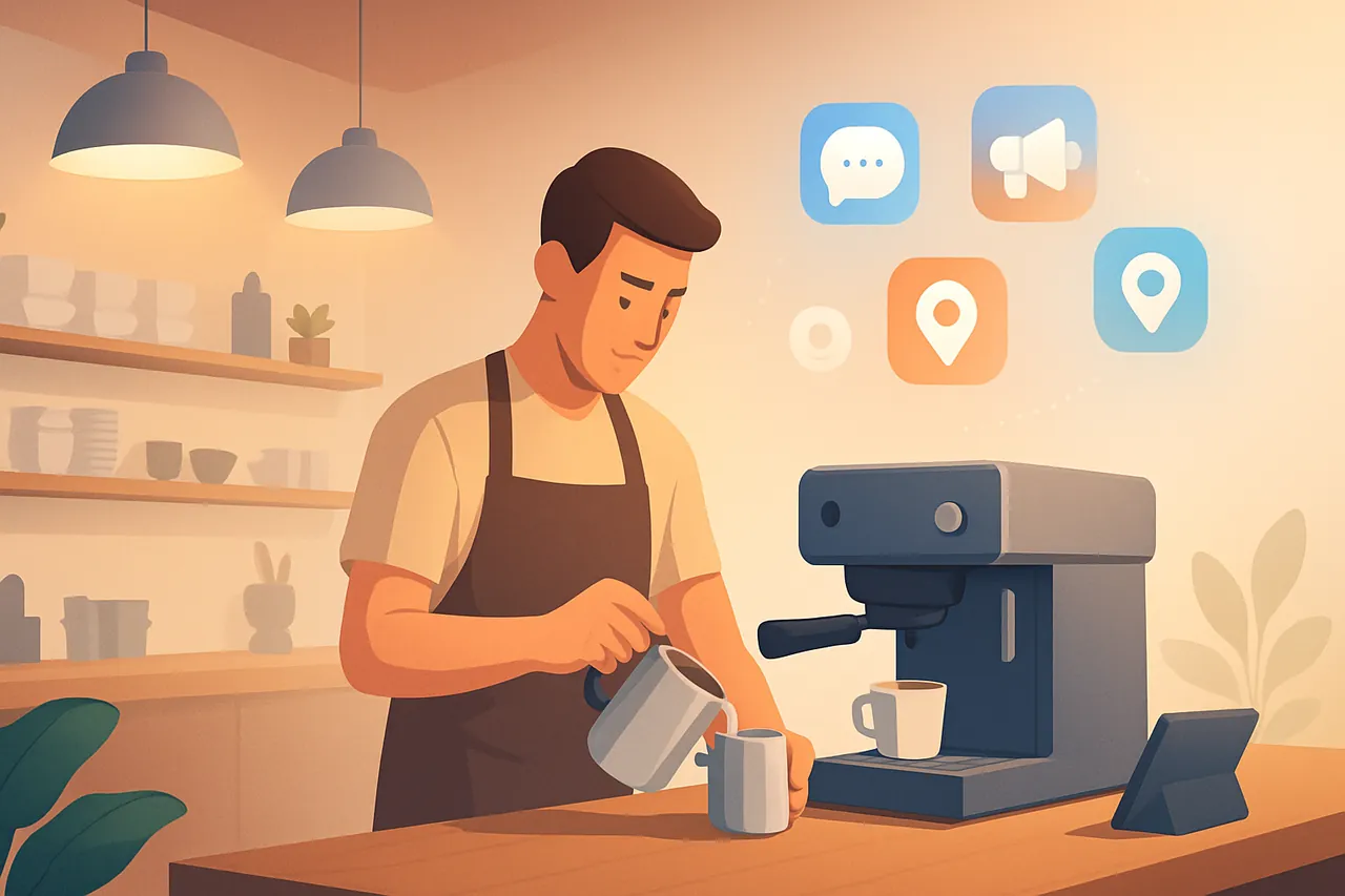 Modern bir kafe iç mekânında dijital pazarlama ikonlarıyla kahve hazırlayan barista.
