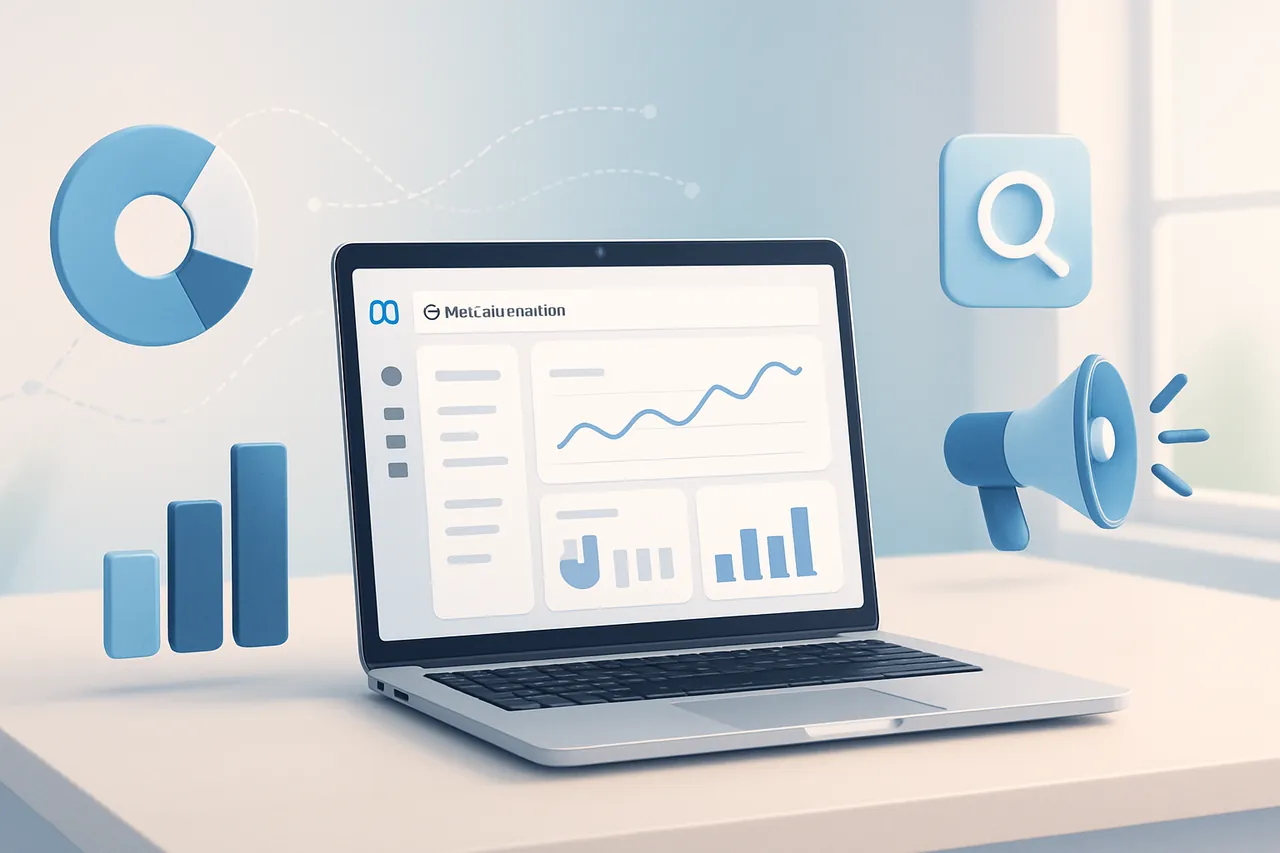 Meta Business Suite panelinin açık olduğu bir dizüstü bilgisayar ve dijital pazarlama ikonlarıyla modern bir ofis ortamı.