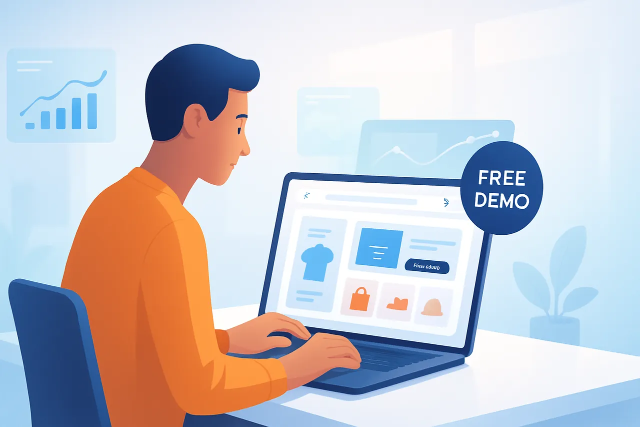 Bir ofis ortamında dizüstü bilgisayarda T-Soft ücretsiz demo panelini inceleyen bir kişi.