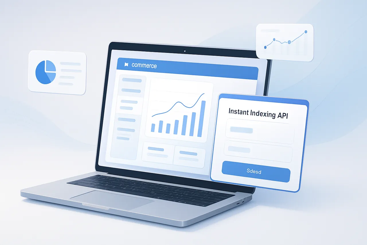 Bir dizüstü bilgisayarda T-Soft paneli ve Google Instant Indexing API ekranı açık şekilde modern bir dijital çalışma ortamı.