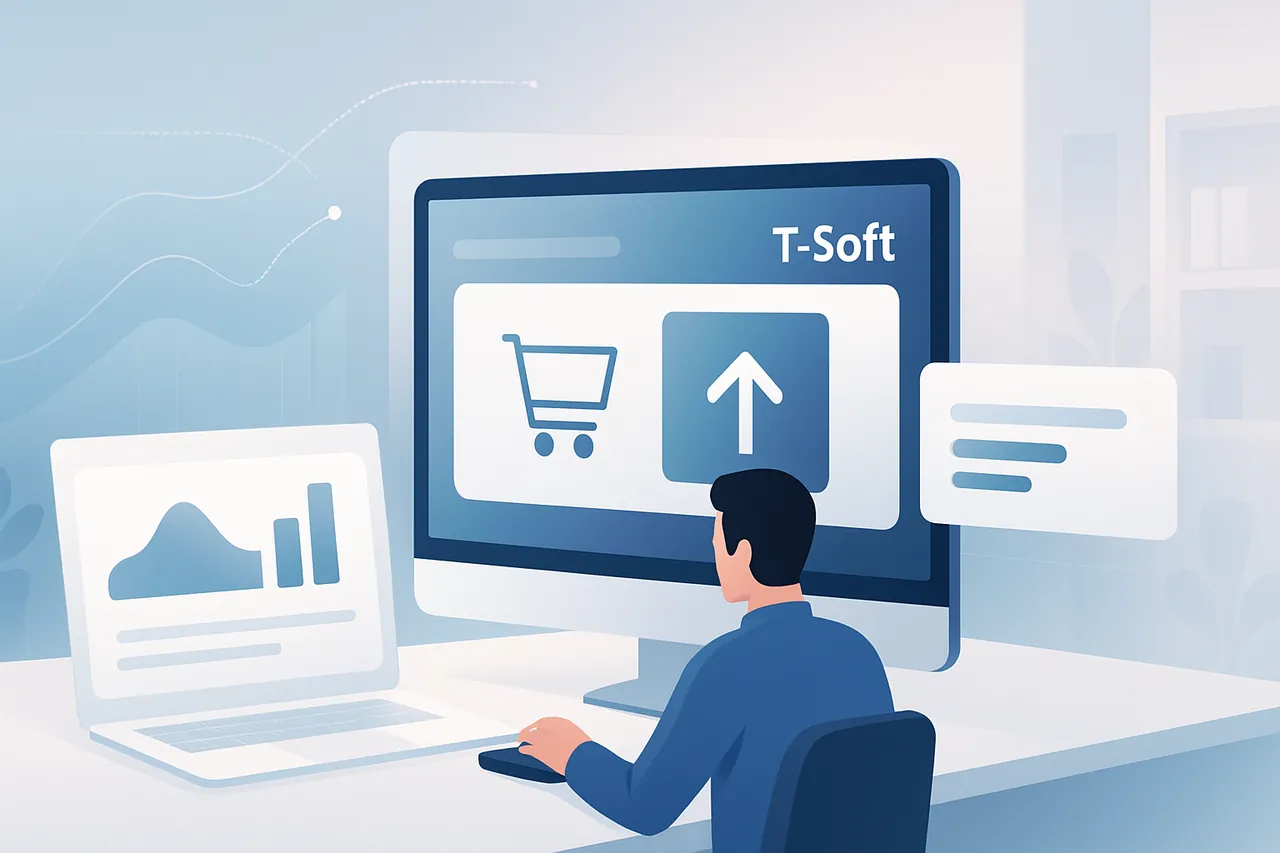 Bir bilgisayarda T-Soft paket yükseltme işlemi yapan bir kişi ve modern ofis ortamı.