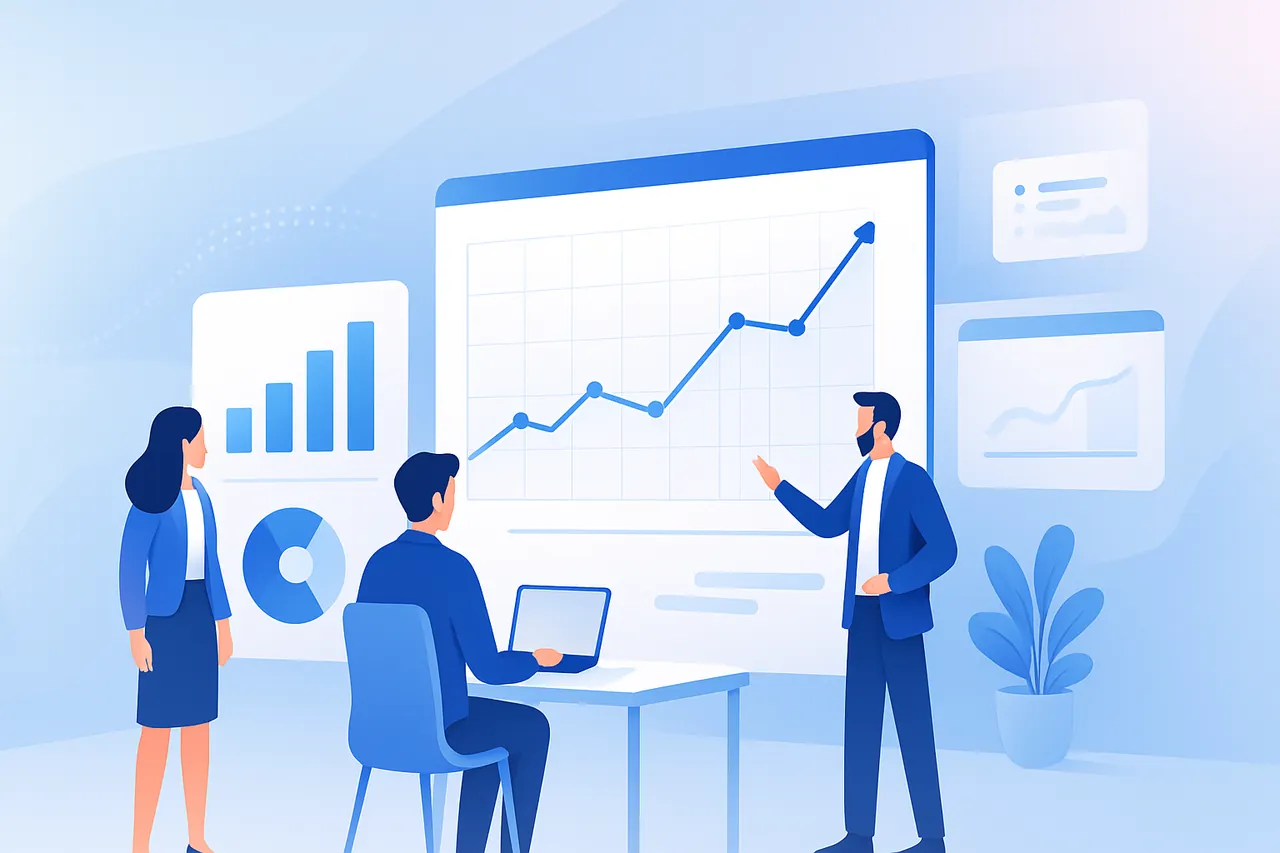 Bir ofiste e-ticaret büyüme grafikleri inceleyen profesyonel ekip.