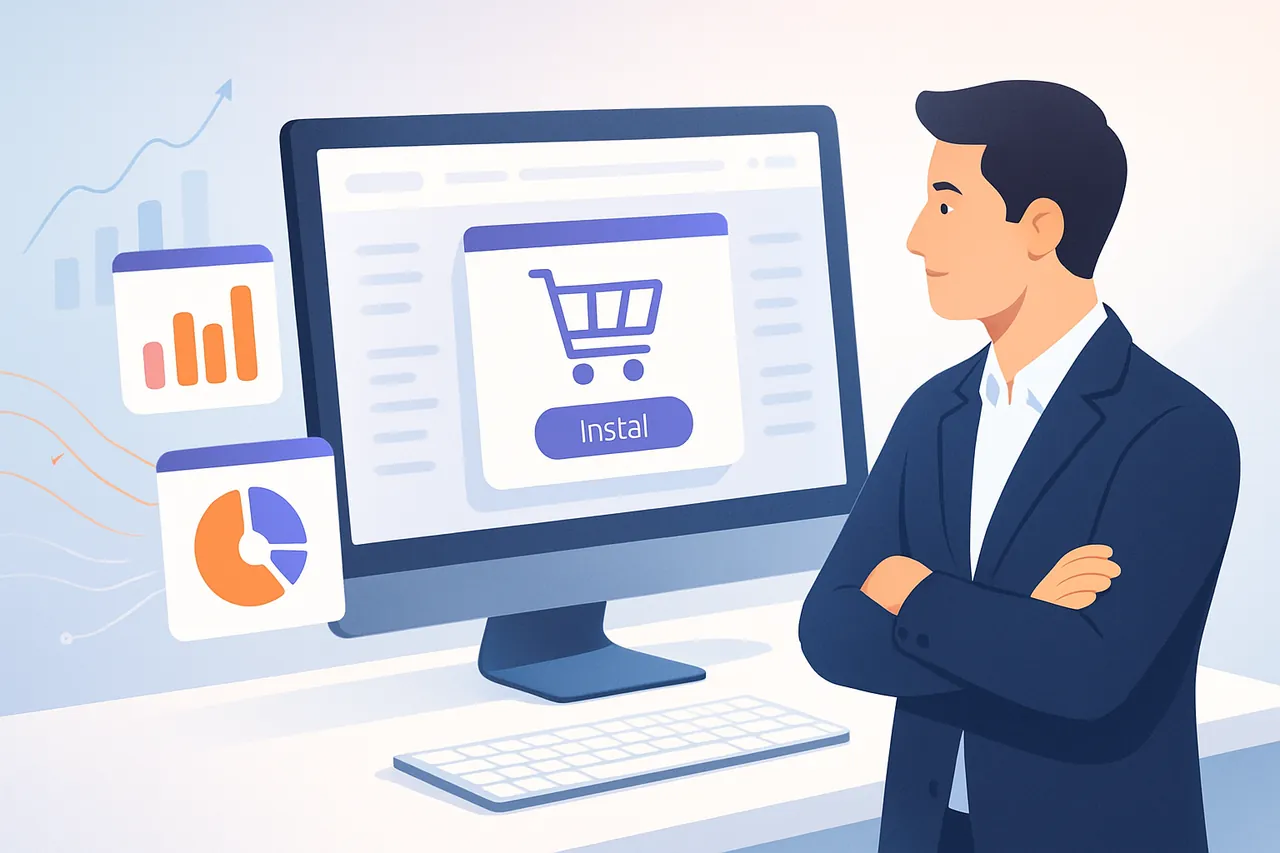 Bir iş bilgisayarında T-Soft V5 tema kurulum ekranı ve yanında memnun bir e-ticaret yöneticisi.