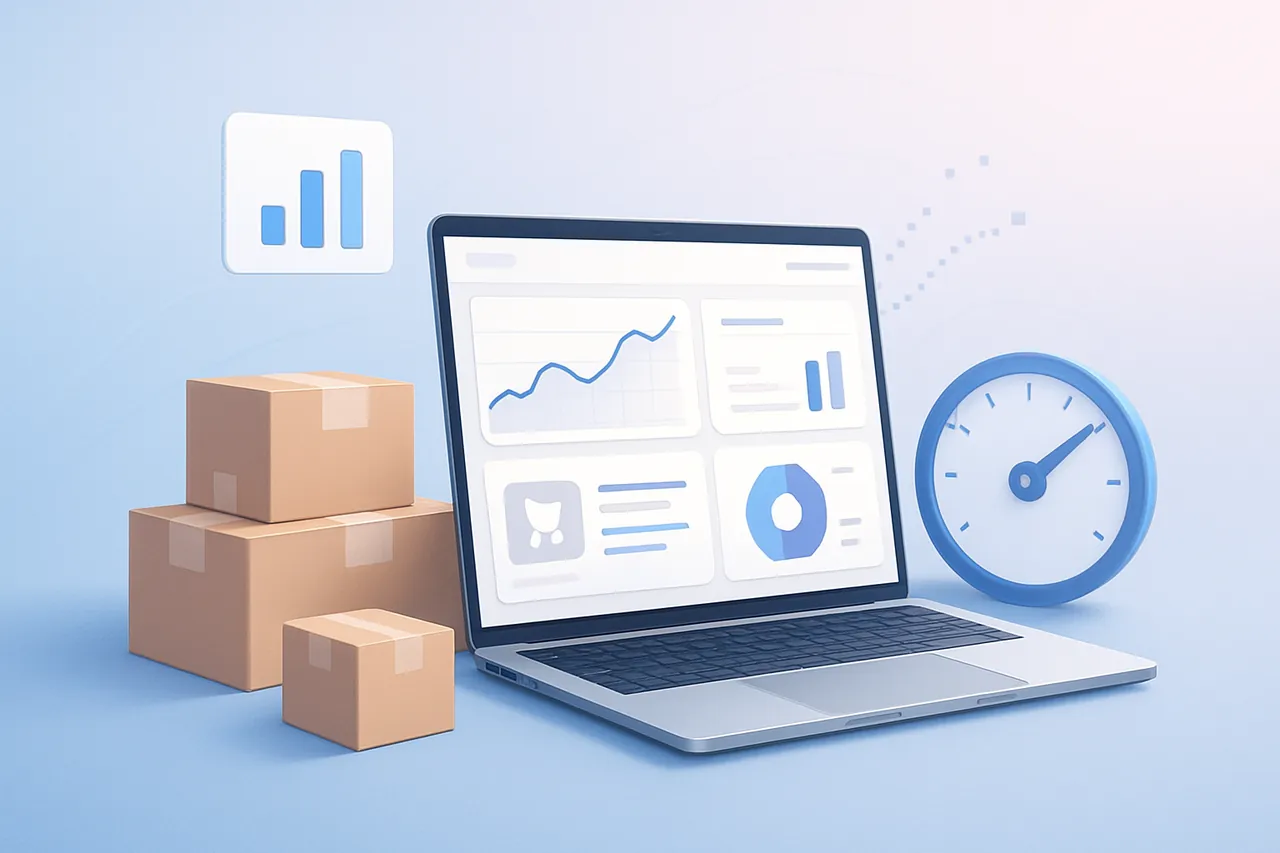 Bir dizüstü bilgisayarda açık e-ticaret paneli ve etrafında ürün kutuları ile hızlı kurulum vurgusu.