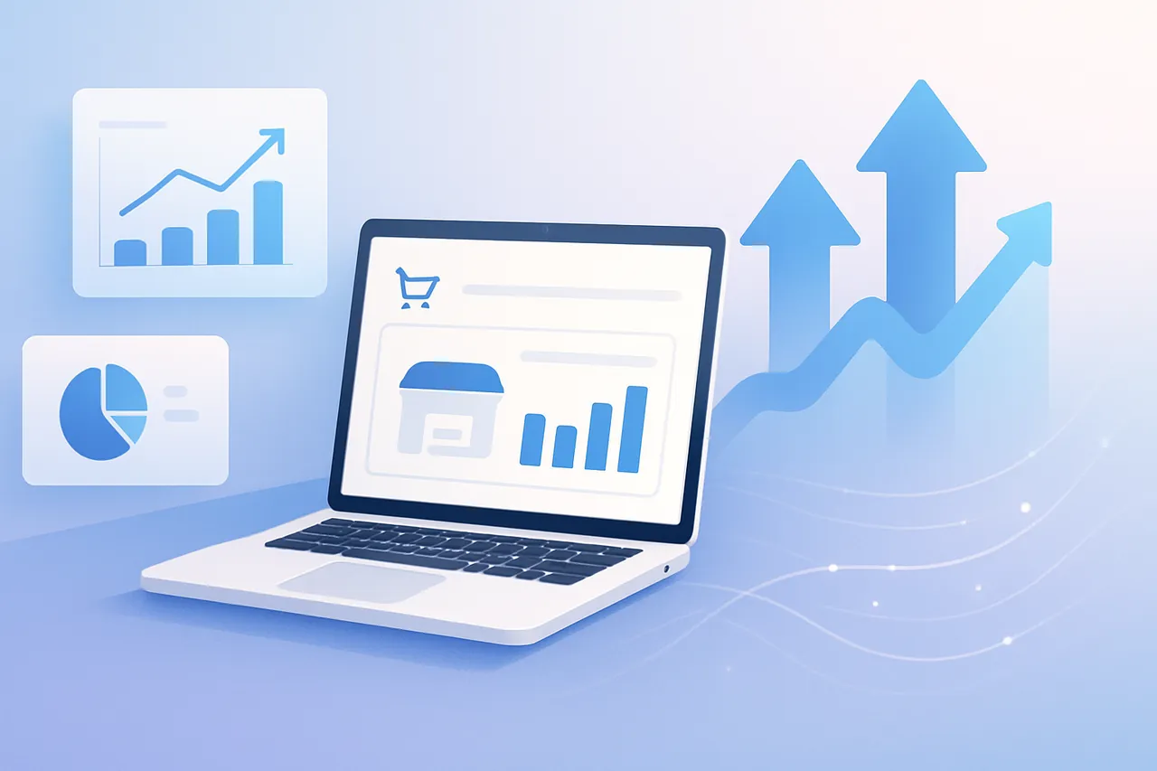 Bir e-ticaret yönetim panelinde paket yükseltmeyi ve büyümeyi simgeleyen modern bir masaüstü çalışma ortamı.