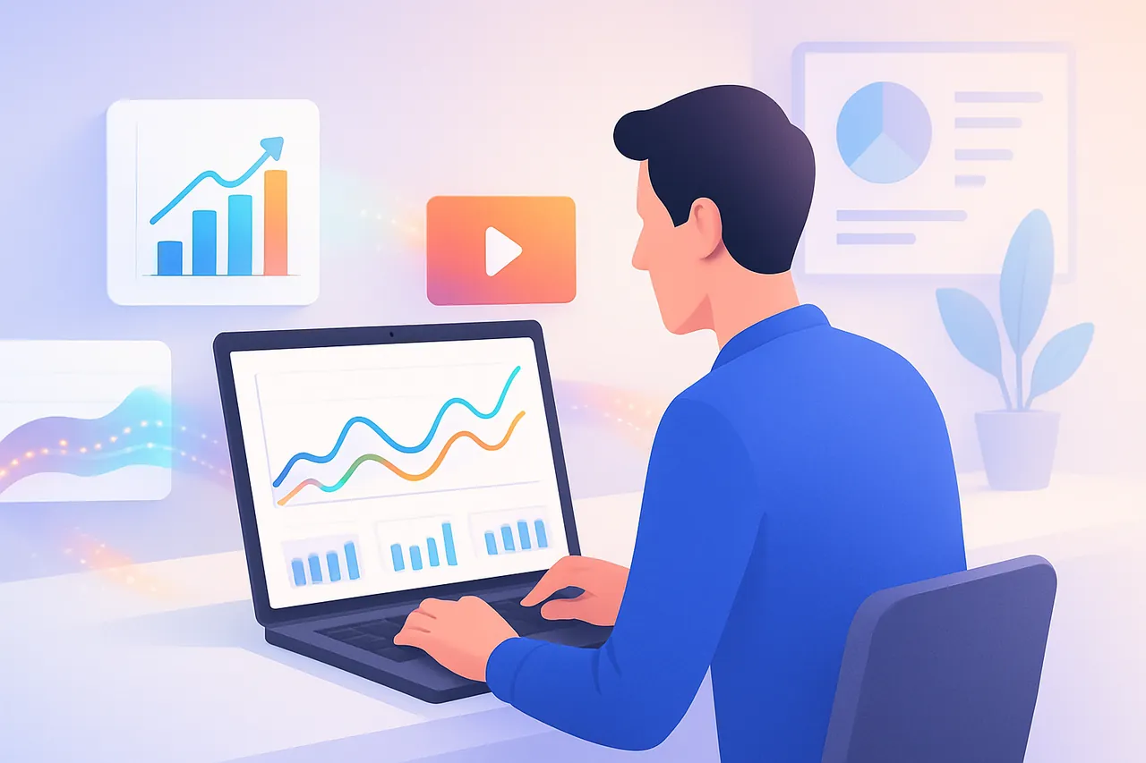 Bir dijital pazarlamacının bilgisayarda trafik reklamı verilerini analiz ettiği modern ofis ortamı.