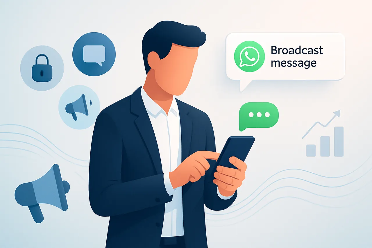 Bir iş insanı, WhatsApp üzerinden yayın listesiyle toplu mesaj gönderirken görülüyor.