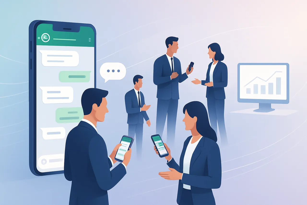 B2B satış sürecinde WhatsApp üzerinden iletişim kuran profesyonelleri gösteren modern bir görsel.