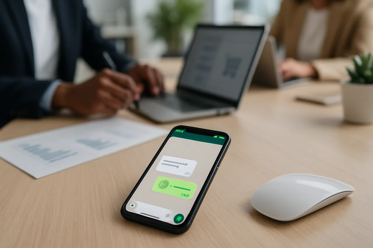 WhatsApp ekranında hem yazılı hem sesli mesaj simgeleriyle modern bir akıllı telefon.