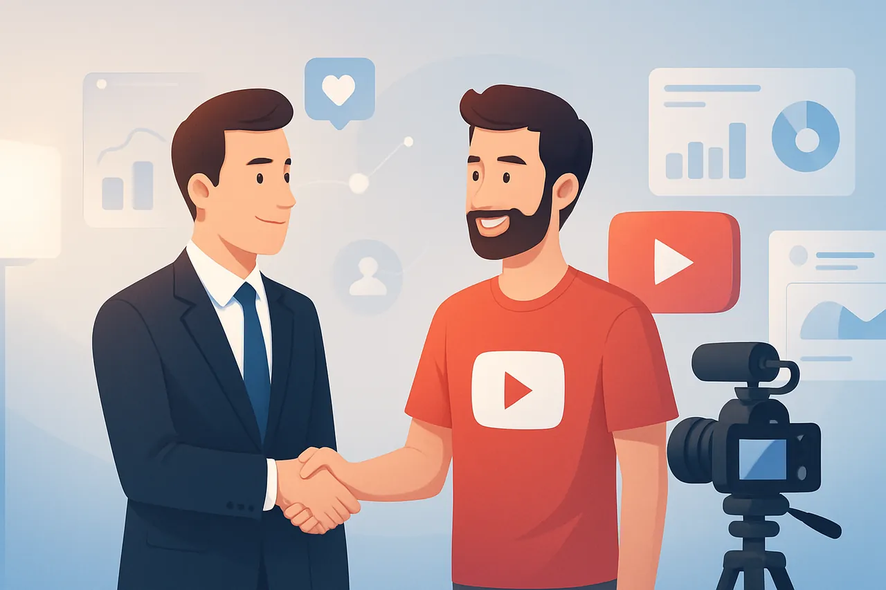 Bir işletme sahibi ile YouTube influencer’ının stüdyoda el sıkıştığı modern bir iş birliği sahnesi.