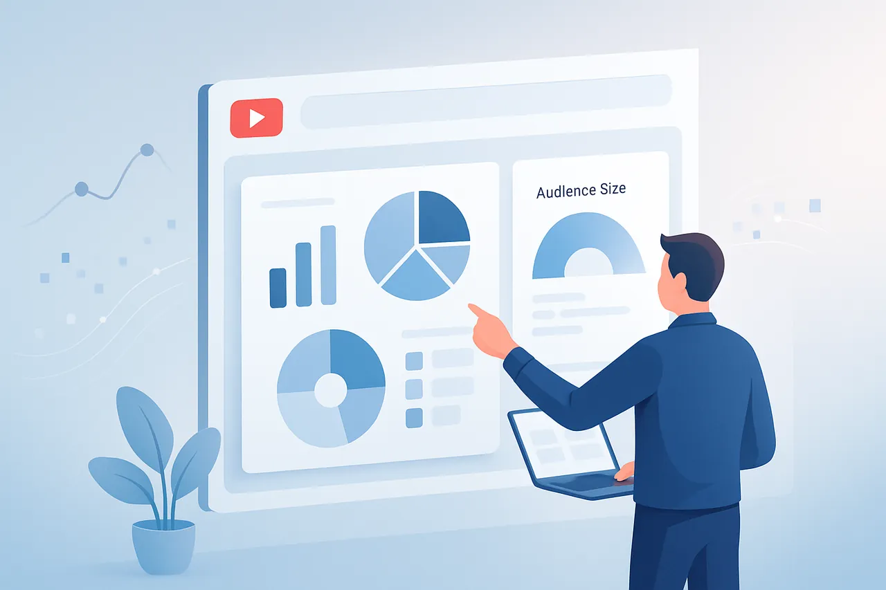 Bir dijital pazarlamacının YouTube hedef kitle verilerini analiz ettiği modern bir ofis ortamı.