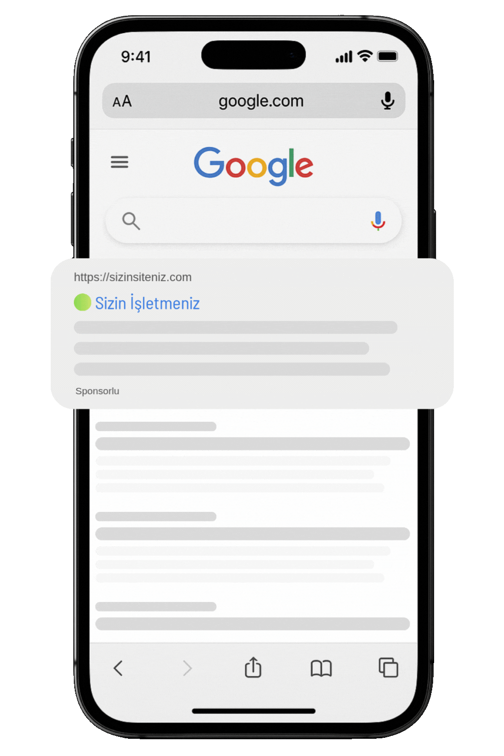 Google Ads arama sonuçlarında üst sıralarda çıkan reklam örneği animasyonu